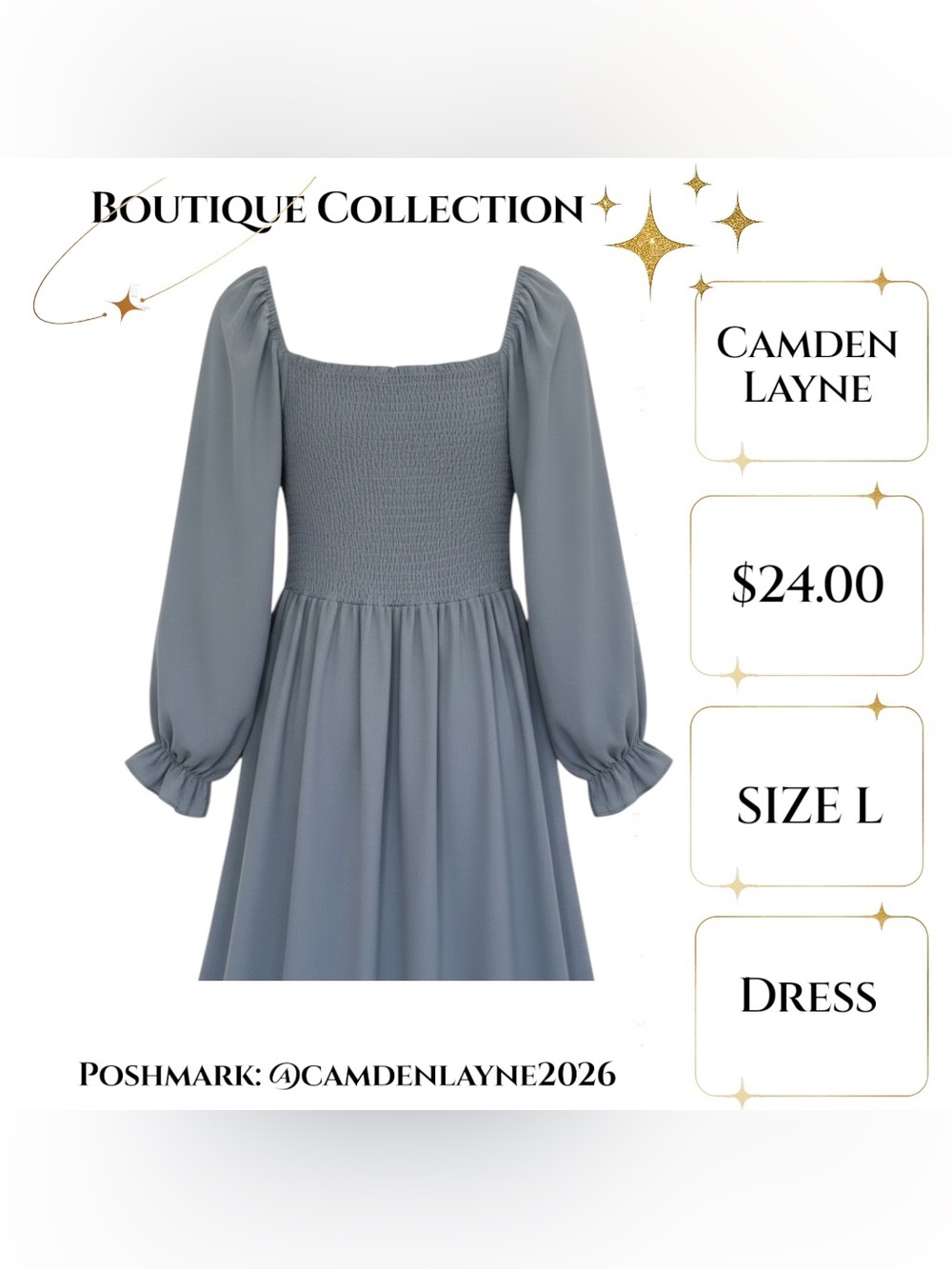 Camden Layne Smocked Square-Neck Midi Dress in Dusty Blue - Picture 7 of 7